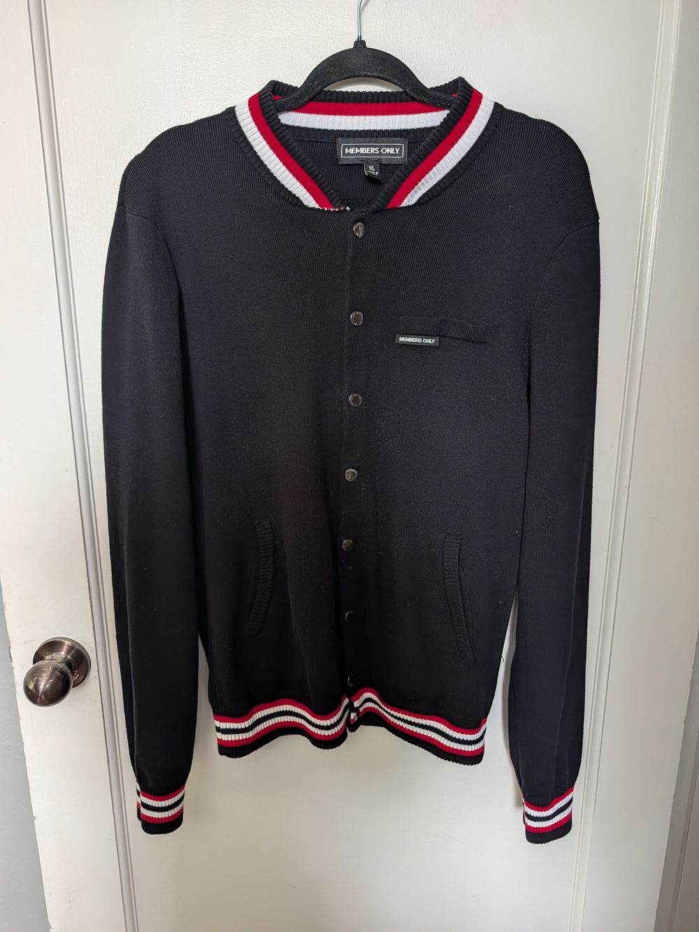 Members Only Men’s XL Black Varsity Cardigan Sweater Snap Front